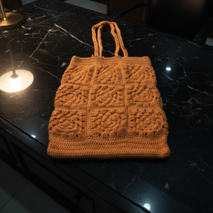 Brown handmade crochet tote bag with textured floral and spiral patterns placed on a black marble table under warm lighting.
