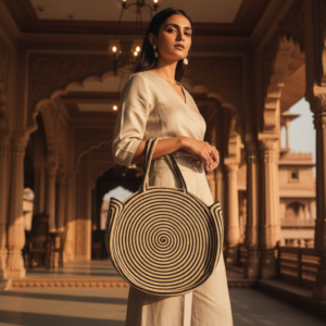 Woman holding a round handcrafted crochet tote bag with black and beige spiral pattern in a heritage architectural setting.