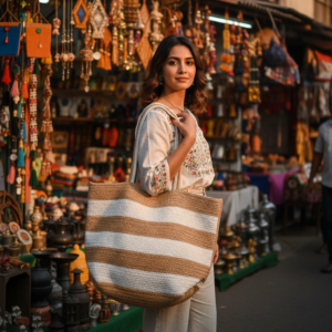 Woman carrying a brown and white striped handmade crochet tote bag in a colorful traditional market with hanging handicrafts.