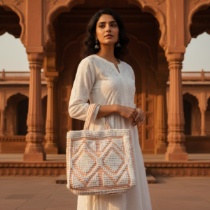 Woman carrying a brown and white striped handmade crochet tote bag in a colorful traditional market with hanging handicrafts.