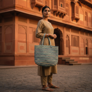 Woman carrying a brown and white striped handmade crochet tote bag in a colorful traditional market with hanging handicrafts.