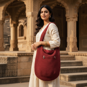 Woman carrying a brown handmade crochet tote bag i