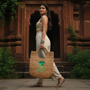 Woman carrying a brown and white striped handmade crochet tote bag in a colorful traditional market with hanging handicrafts.