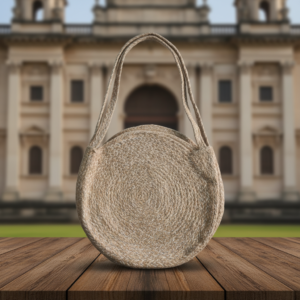 handmade crochet tote bag in a colorful traditional market with hanging handicrafts.