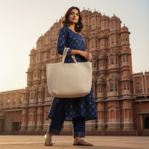 Woman carrying white striped handmade crochet tote bag in a colorful traditional market with hanging handicrafts.