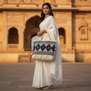 Woman carrying a brown and white striped handmade crochet tote bag