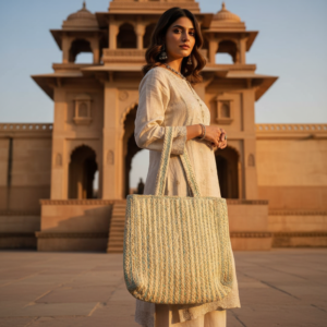Woman carrying a brown and white striped handmade crochet tote bag in a colorful traditional market with hanging handicrafts.