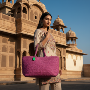 Woman carrying a brown and white striped handmade crochet tote bag in a colorful traditional market with hanging handicrafts.