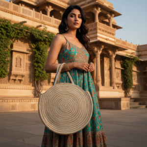 Woman carrying a brown and white striped handmade crochet tote bag in a colorful traditional market with hanging handicrafts.