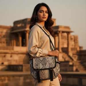 Woman carrying a brown and white striped handmade crochet tote bag in a colorful traditional market with hanging handicrafts.