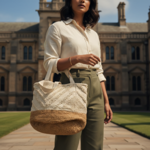 Woman carrying a brown and white striped handmade crochet tote bag in a colorful traditional market with hanging handicrafts.