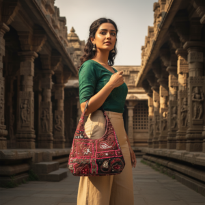 Woman carrying a brown and white striped handmade crochet tote bag in a colorful traditional market with hanging handicrafts.