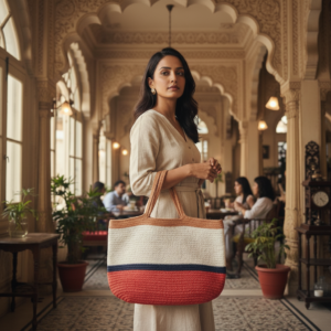 Woman carrying a brown and white striped handmade crochet tote bag in a colorful traditional market with hanging handicrafts.