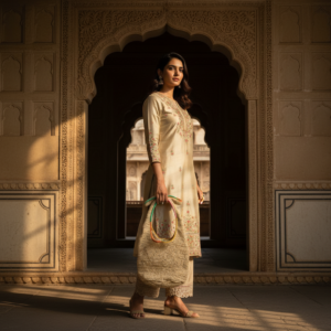 Woman in traditional attire holding a beige handmade crochet tote bag with colorful handles in a heritage architectural setting.