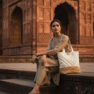 Woman wearing a navy ethnic outfit holding a minimalist beige crochet tote bag in front of a historic architectural building.