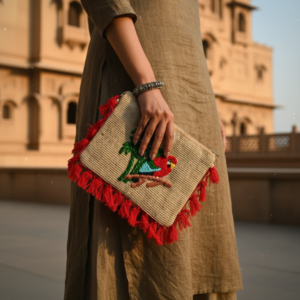 Woman wearing a navy ethnic outfit holding a minimalist beige crochet tote bag in front of a historic architectural building.