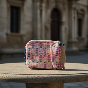 Colorful handmade woven clutch bag with pink and blue pom-poms, placed on a round stone table in front of a historic stone building.