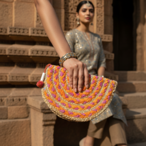 Handmade beige jute handbag with rope handles and black floral detail placed on stone floor in front of a woman wearing traditional pink floral outfit at an Indian palace during golden hour.