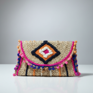Handmade beige jute handbag with rope handles and black floral detail placed on stone floor in front of a woman wearing traditional pink floral outfit at an Indian palace during golden hour. Keywords: