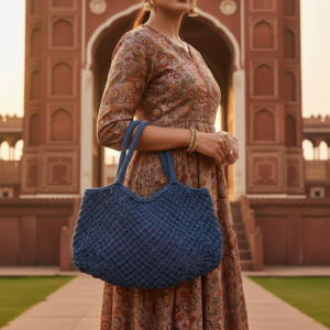Handmade beige jute handbag with rope handles and black floral detail placed on stone floor in front of a woman