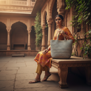 Handmade beige jute handbag with rope handles and black floral detail placed on stone floor in front of a woman wearing traditional pink floral outfit at an Indian palace during golden hour.