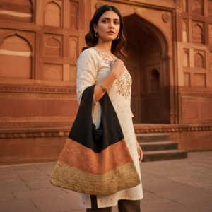 Handmade beige jute handbag with rope handles and black floral detail placed on stone floor in front of a woman wearing traditional pink floral outfit at an Indian palace during golden hour.