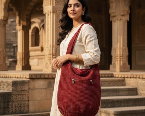Woman carrying a brown handmade crochet tote bag i