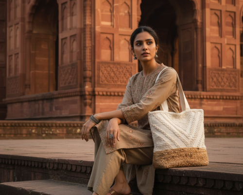 Woman wearing a navy ethnic outfit holding a minimalist beige crochet tote bag in front of a historic architectural building.