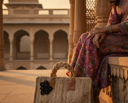 Handmade beige jute handbag with rope handles and black floral detail placed on stone floor in front of a woman wearing traditional pink floral outfit at an Indian palace during golden hour.